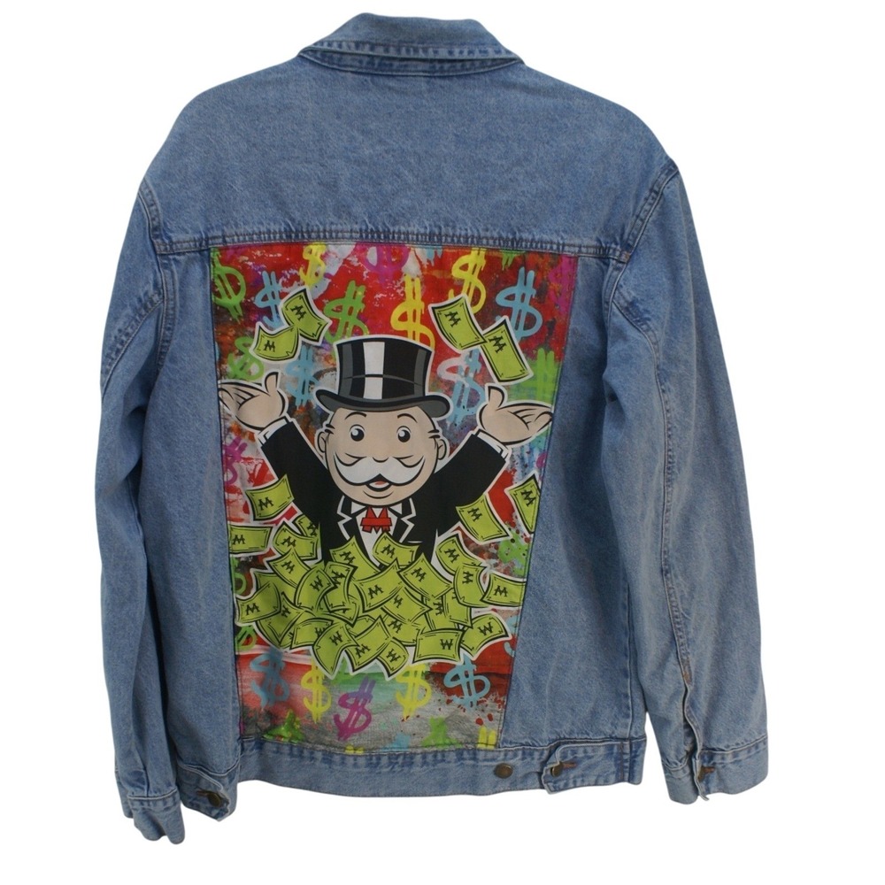 Monopoly Denim Jacket Mens Large Blue Light Wash Rich Uncle Pennybags Graphic